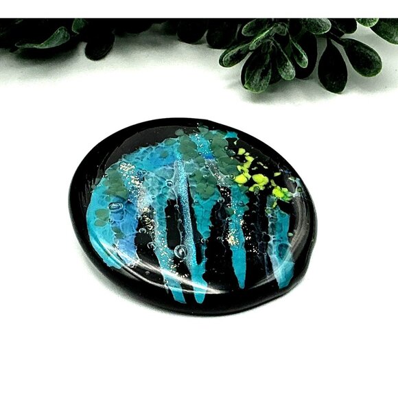 Handcrafted Round Resin Brooch Pin With Abstract Aqua & Green Design On Black Ba - Picture 1 of 4